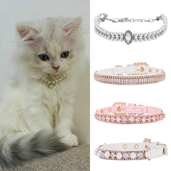 Rhinestone Pearl Cat Necklace Collar